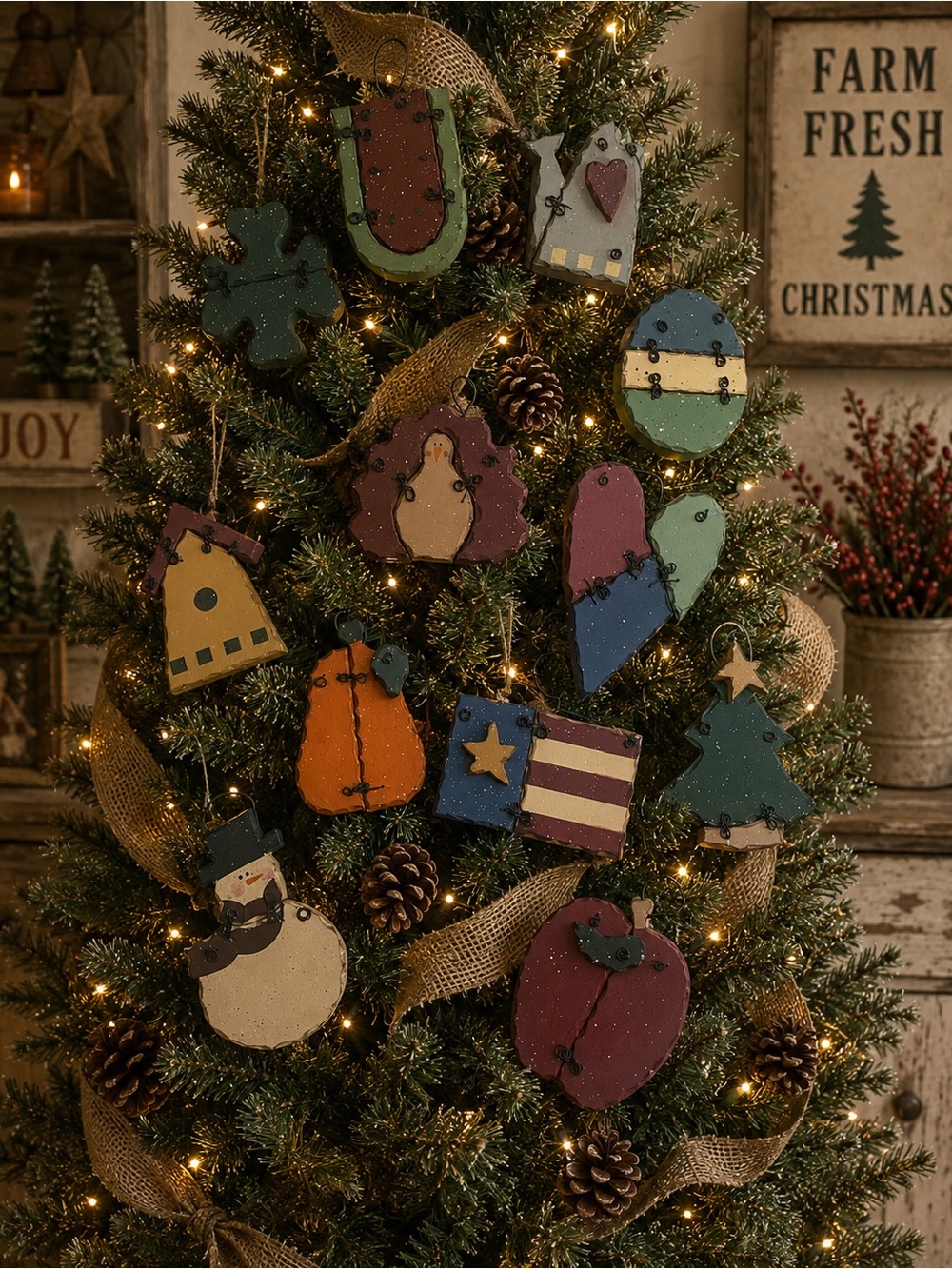 Set of 12 Primitive Farmhouse Rustic Holiday Wooden Ornaments - Multicolor